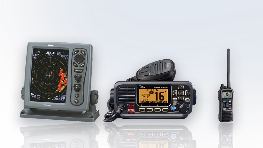 Koden MDC-941 marine radar, Icom IC-M330GE VHF/DSC transceiver and IC-M73 handheld VHF